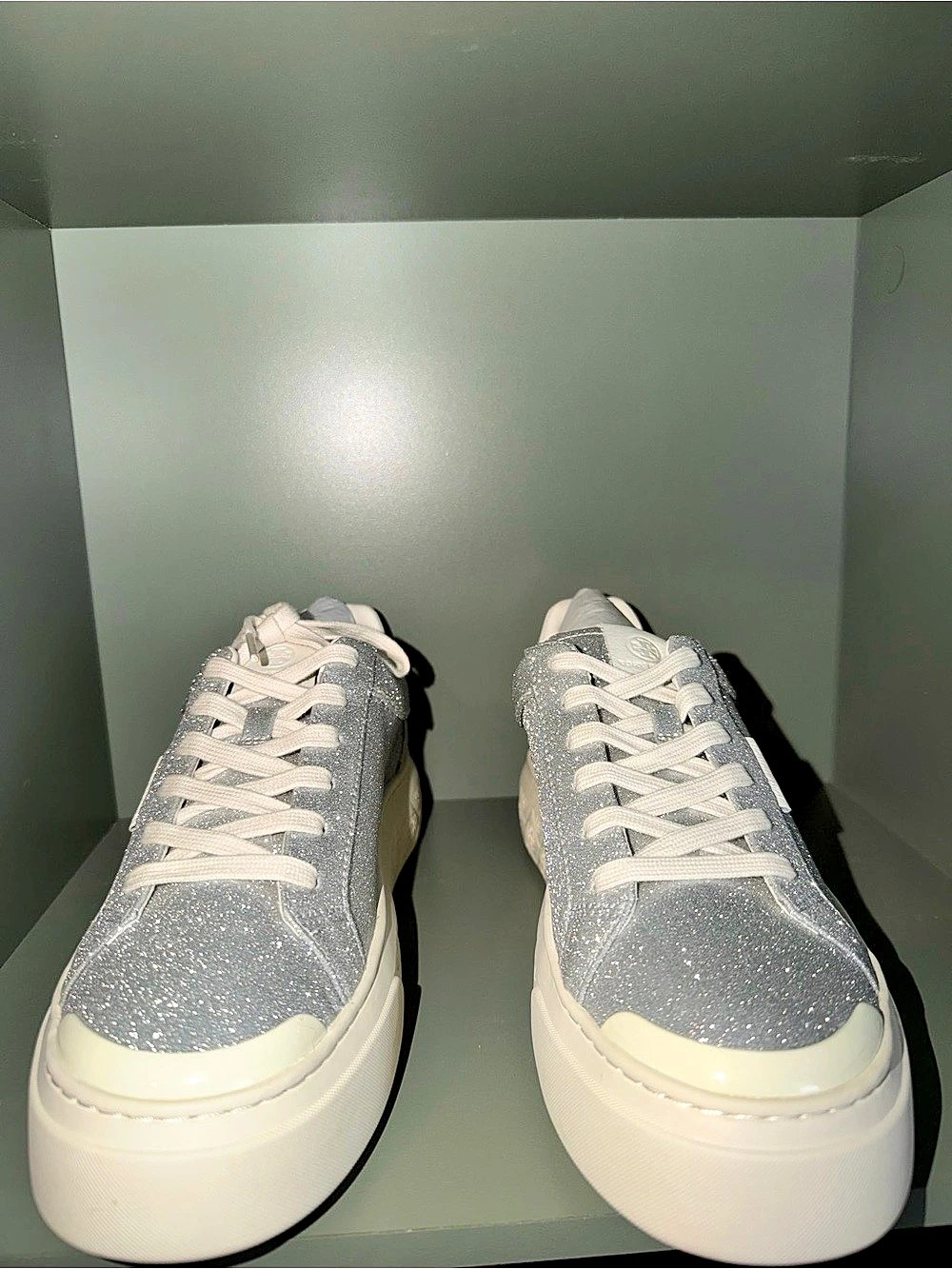 Tory Burch Ladybug Sneaker Glitter Leather Sneakers Silver & White NWT